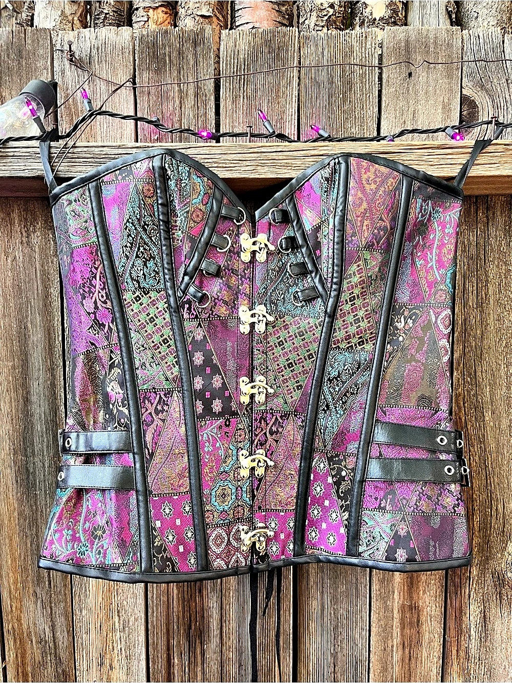 Whimsigoth Patchwork Paisley Lace-Up Corset in Pink & Black Size Medium